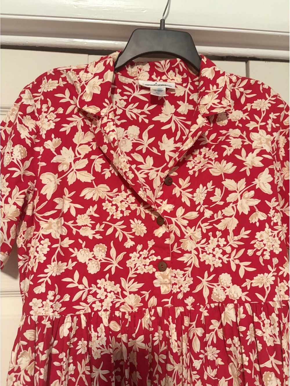 Vintage Serengeti Floral Midi Shirt Dress Large Red White Cottagecore Prairie - Picture 3 of 9
